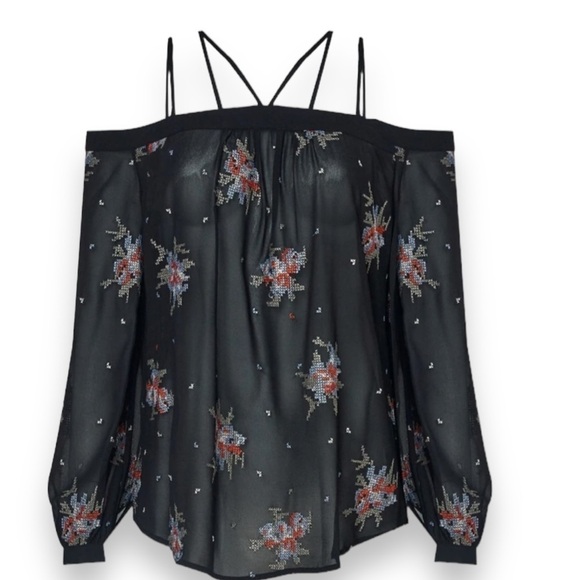 Ro & De | Off Shoulder Embroidery Print Blouse | Black | Size small - Picture 1 of 9